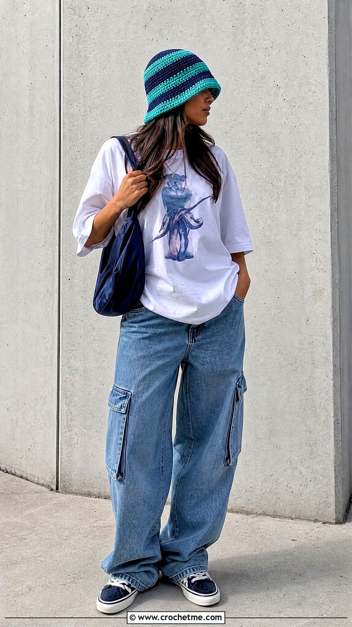 Striped Crochet Bucket Hat With Cargo Jeans - 35 crochet summer hats outfit ideas