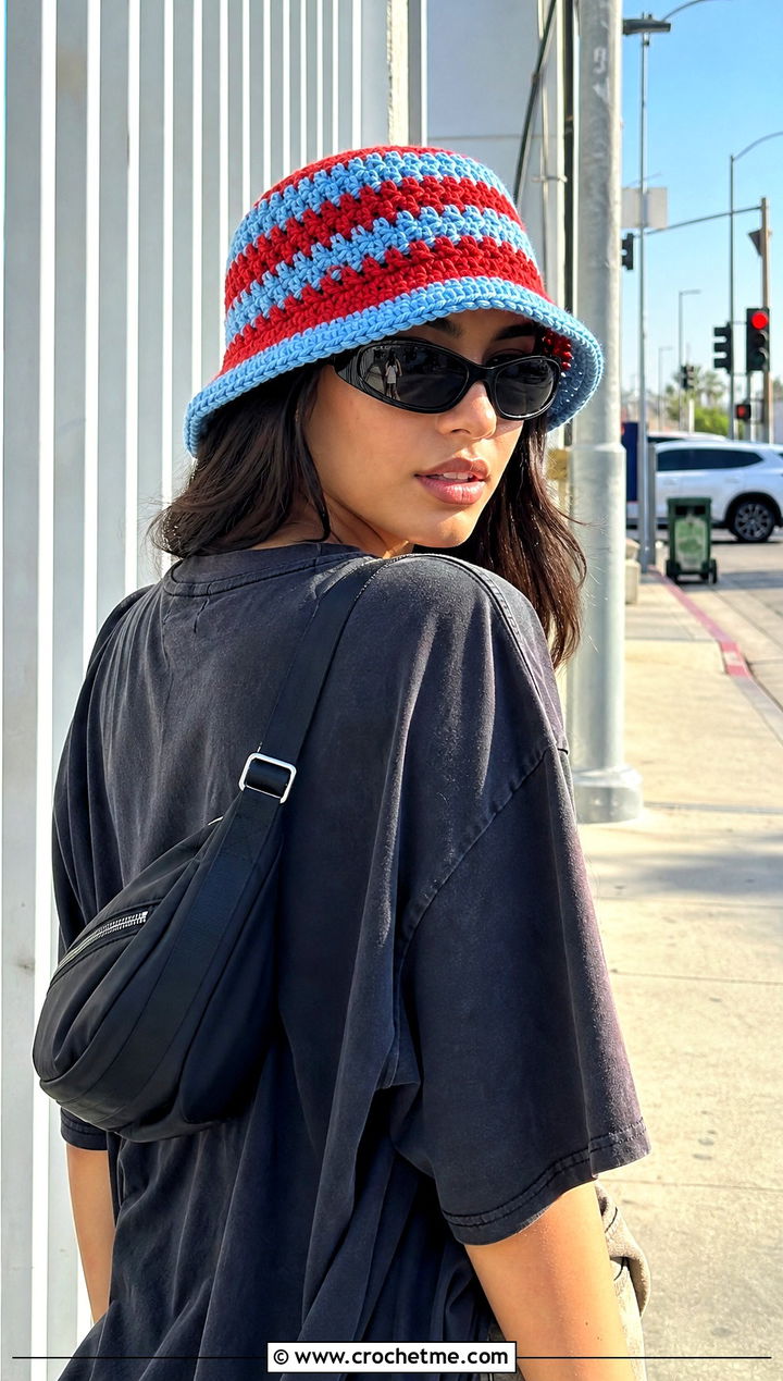 Striped Crochet Bucket Hat With Cargo Pants - 30 Crochet Womens Hat outfit ideas