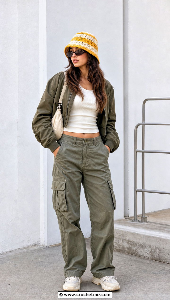 Striped Crochet Bucket Hat With Cargo Pants - 35 simple crochet hat outfit ideas
