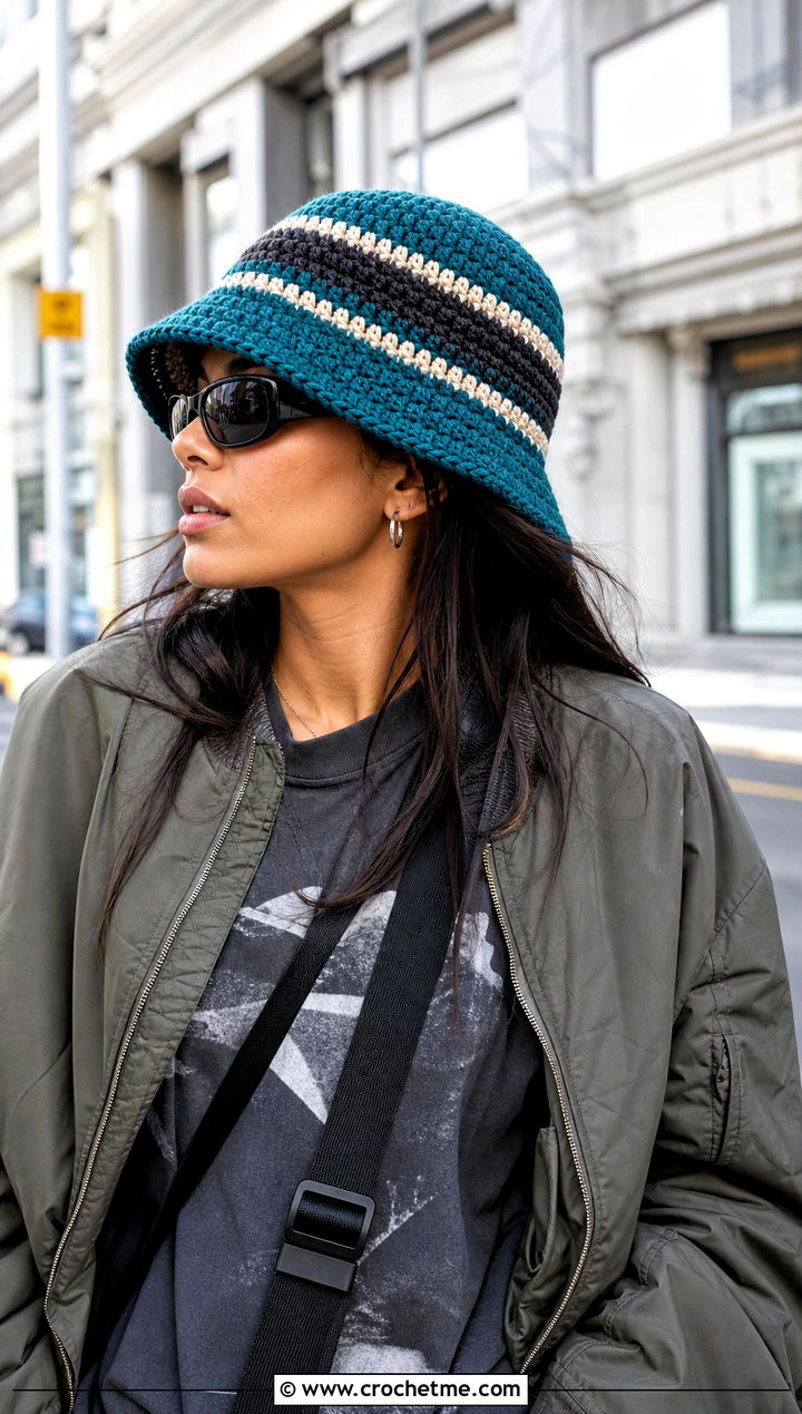 Striped Crochet Bucket Hat With Cargo Pants - 25 Cute Crochet Hats outfit ideas