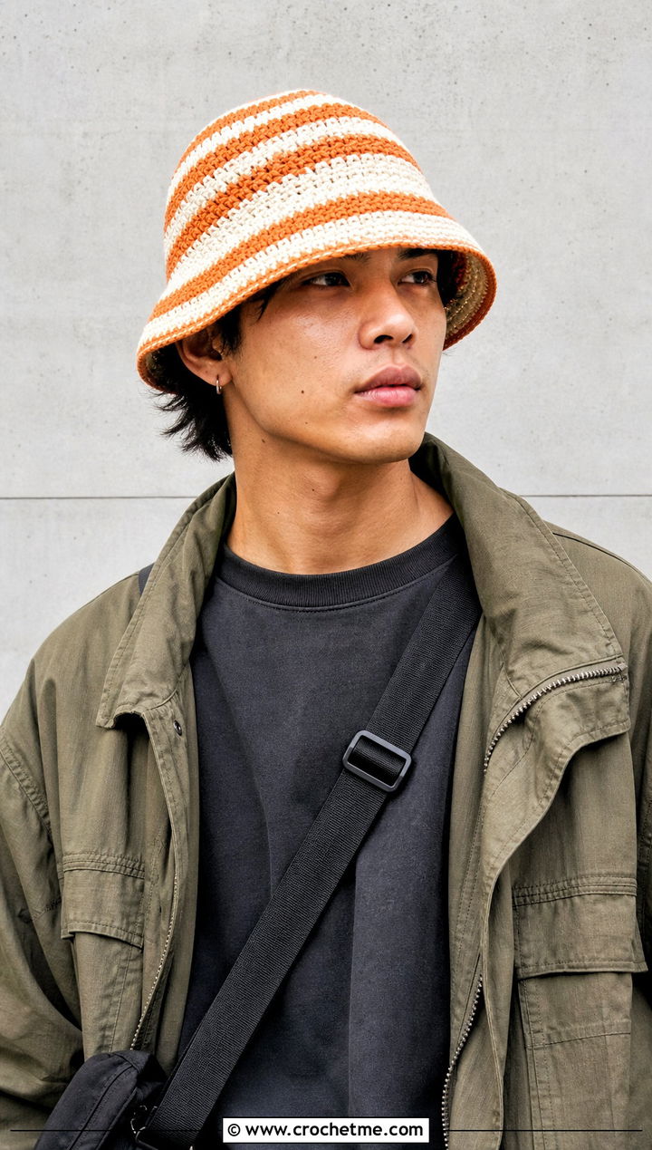 Striped Crochet Bucket Hat With Cargo Pants Outfit - 25 Unisex Crochet Hat outfit ideas