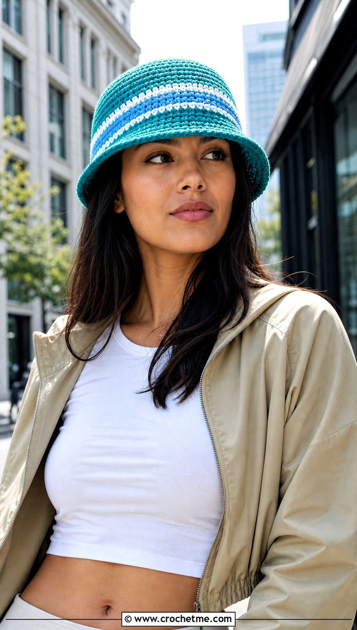 Striped Crochet Bucket Hat With Cargo Pants - 30 aesthetic crochet hat ideas