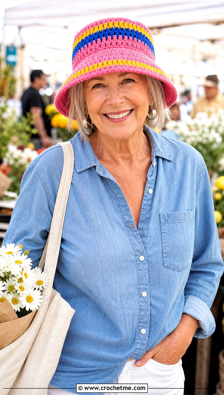 Striped Crochet Bucket Hat With Chambray Outfit - 25 Crochet Hat For Grandma outfit ideas