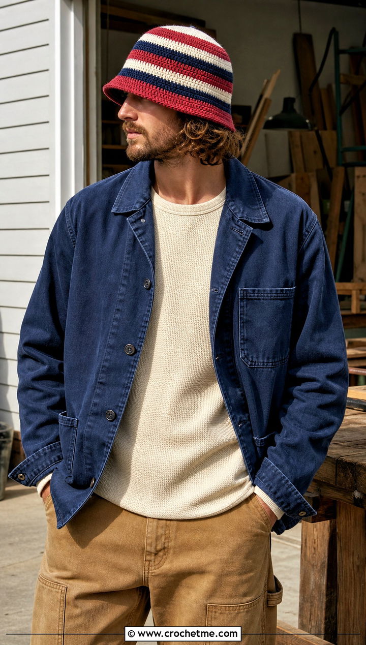 Striped Crochet Bucket Hat With Chore Jacket And Carpenter Pants - 30 crochet bucket hat men outfit ideas