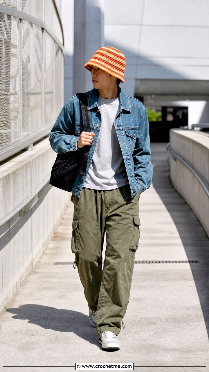 Striped Crochet Bucket Hat With Denim Jacket And Cargo Pants - 35 crochet hat men outfit ideas