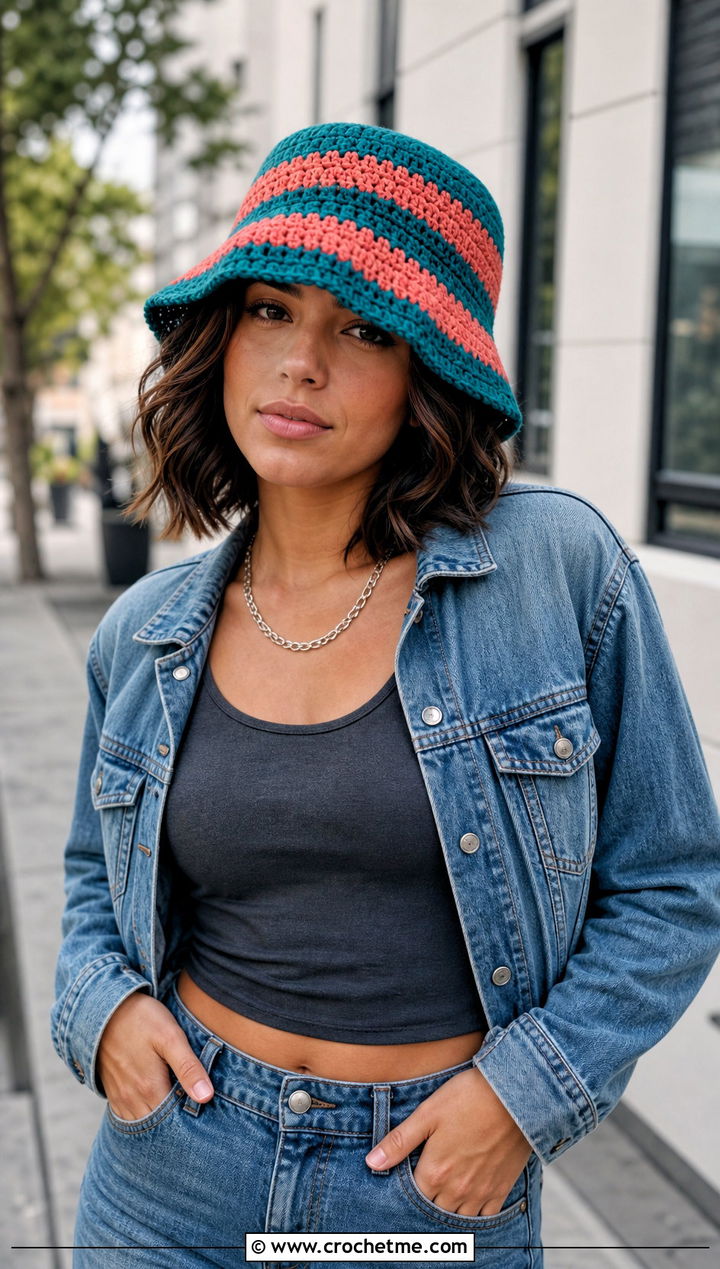 Striped Crochet Bucket Hat With Denim Jacket And Cargo Skirt - 30 Quick And Easy Crochet Hat outfit ideas