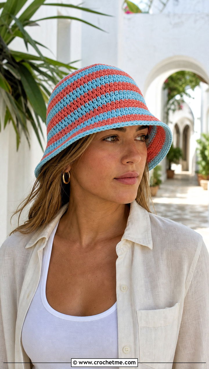 Striped Crochet Bucket Hat With Linen Set - 25 crocheting bucket hat outfit ideas