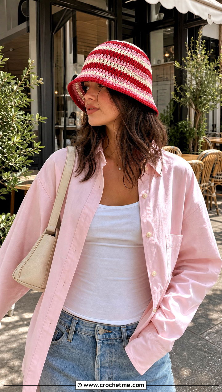 Striped Crochet Bucket Hat With Matching Shirt And Jeans - 25 Cool Crochet Hat outfit ideas