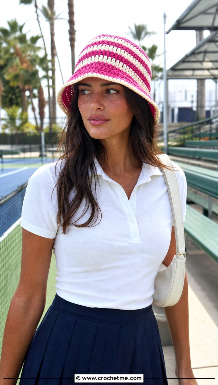 Striped Crochet Bucket Hat With Polo Top And Mini Skirt - 25 Birthday Crochet Hat outfit ideas