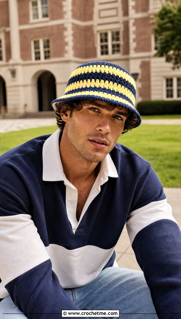 Striped Crochet Bucket Hat With Rugby Shirt - 30 men crochet hat outfit ideas