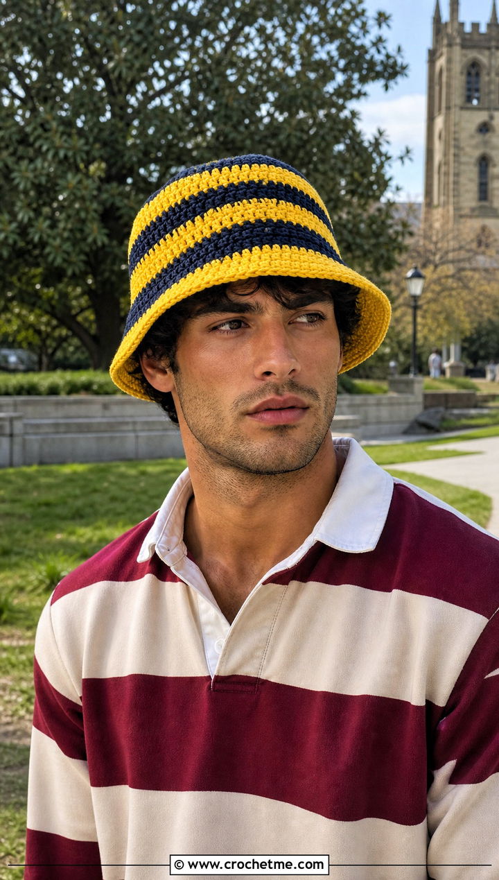 Striped Crochet Bucket Hat With Rugby Shirt - 30 male crochet hat outfit ideas