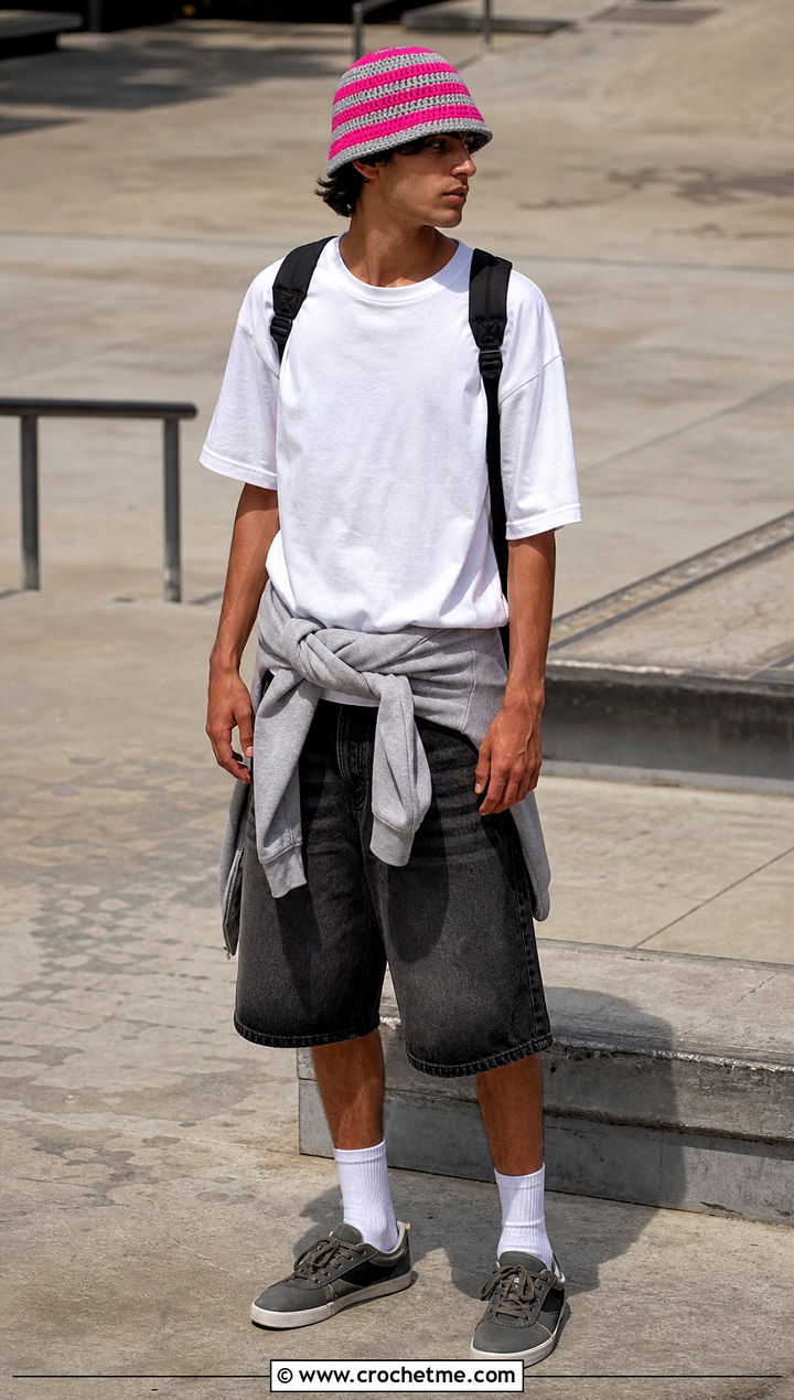 Striped Crochet Bucket Hat With Skate Outfit - 35 mens crochet hat outfit ideas