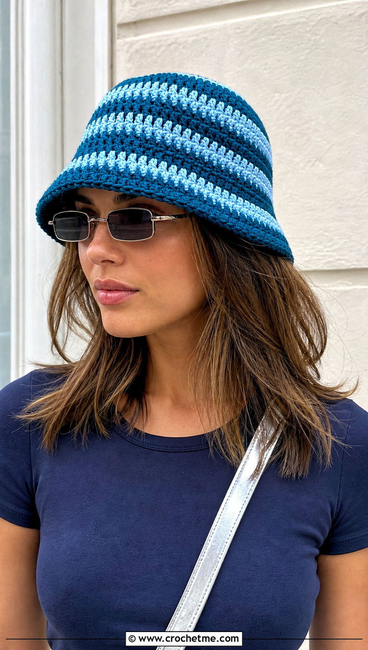 Striped Crochet Bucket Hat With T Shirt Dress - 25 Easy Crochet Bucket Hats outfit ideas