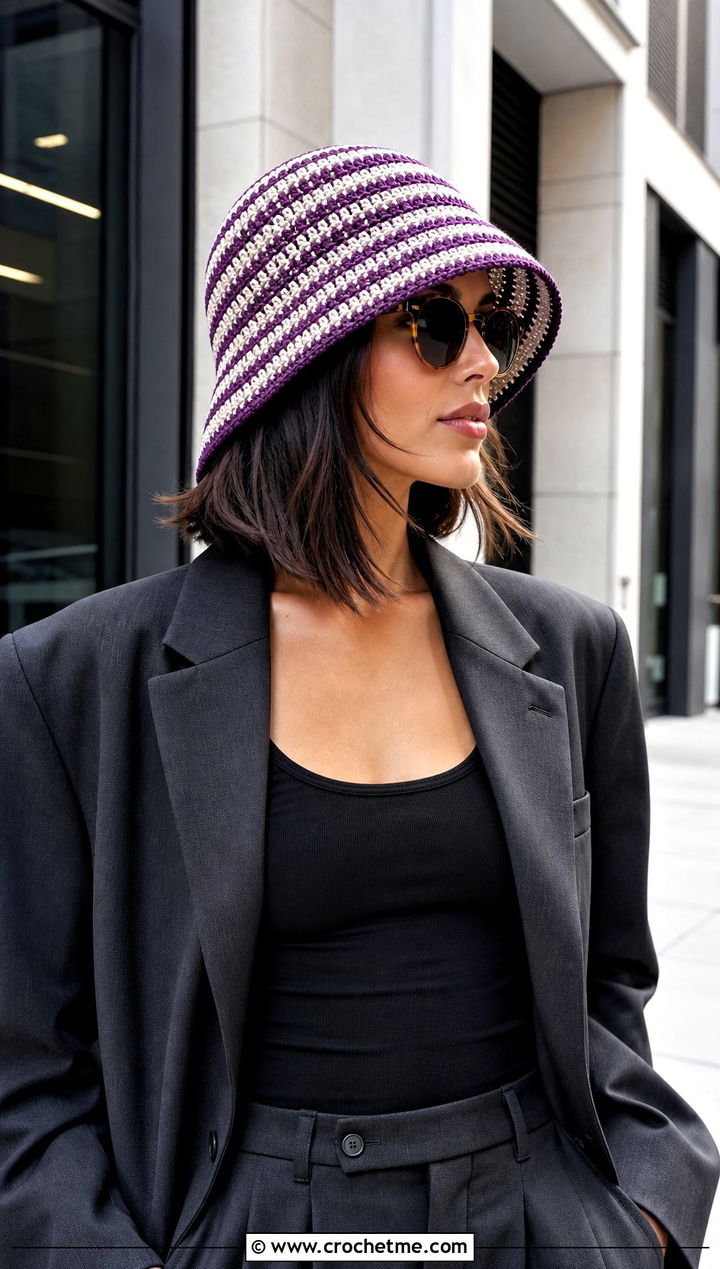 Striped Crochet Bucket Hat With Tailored Blazer - 25 Crochet Bucket Hat For Women outfit ideas
