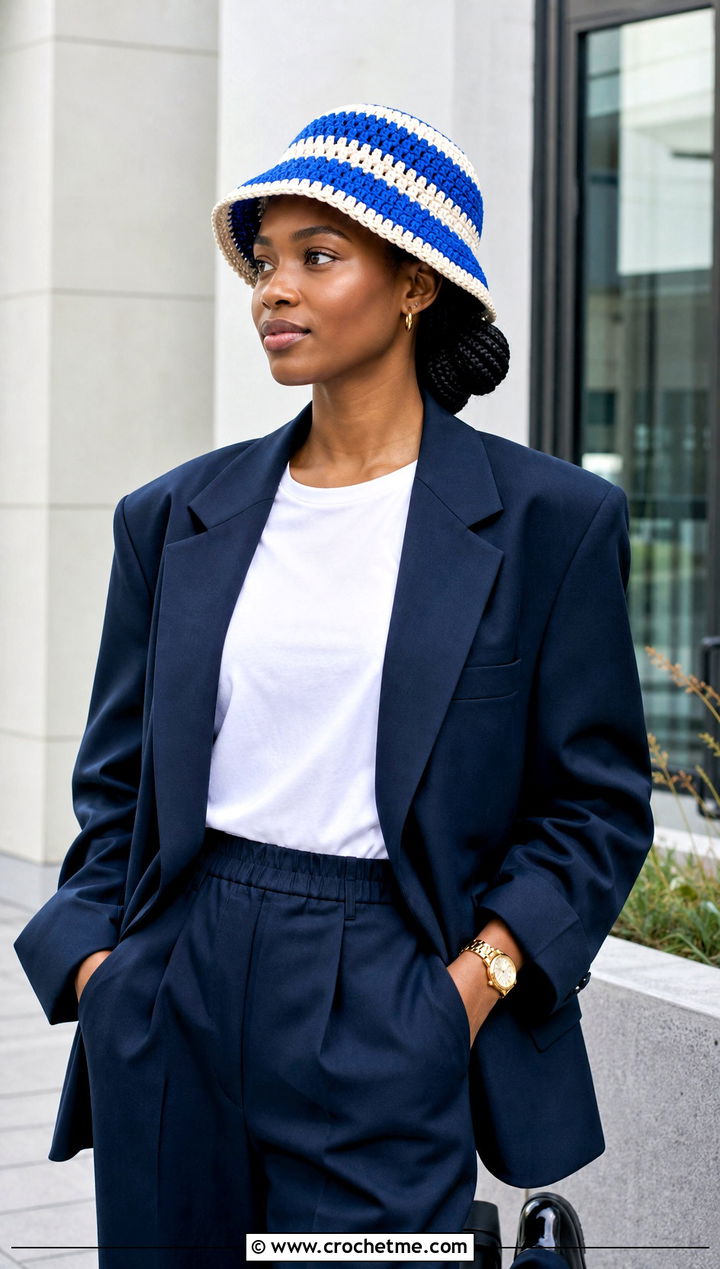 Striped Crochet Bucket Hat With Tailored Blazer - 30 crochet hats black women outfit ideas
