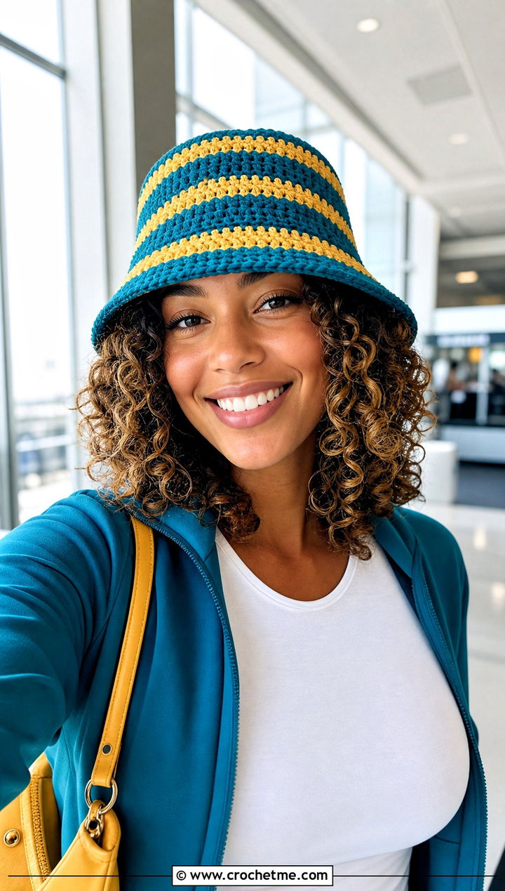 Striped Crochet Bucket Hat With Track Pants - 25 Easy Crochet Hats With Brim outfit ideas