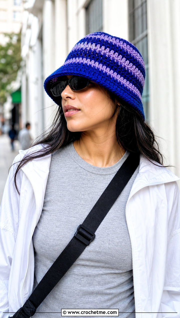 Striped Crochet Bucket Hat With Track Pants - 20 Fun Crochet Hat outfit ideas