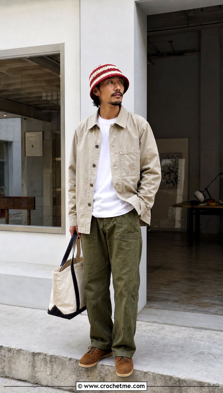 Striped Crochet Bucket Hat With Workwear Overshirt - 35 crochet hats men outfit ideas