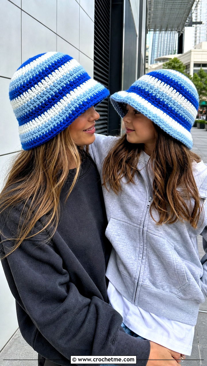 Striped Crochet Bucket Hats With Streetwear Outfits - 20 Mother Daughter Crochet Hats outfit ideas
