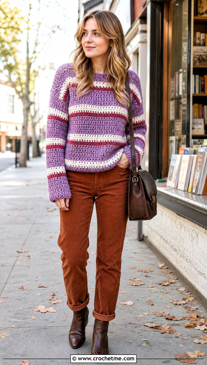 Striped Crochet Bulky Sweater With Corduroy Pants - 25 Crochet Bulky Sweater outfit ideas