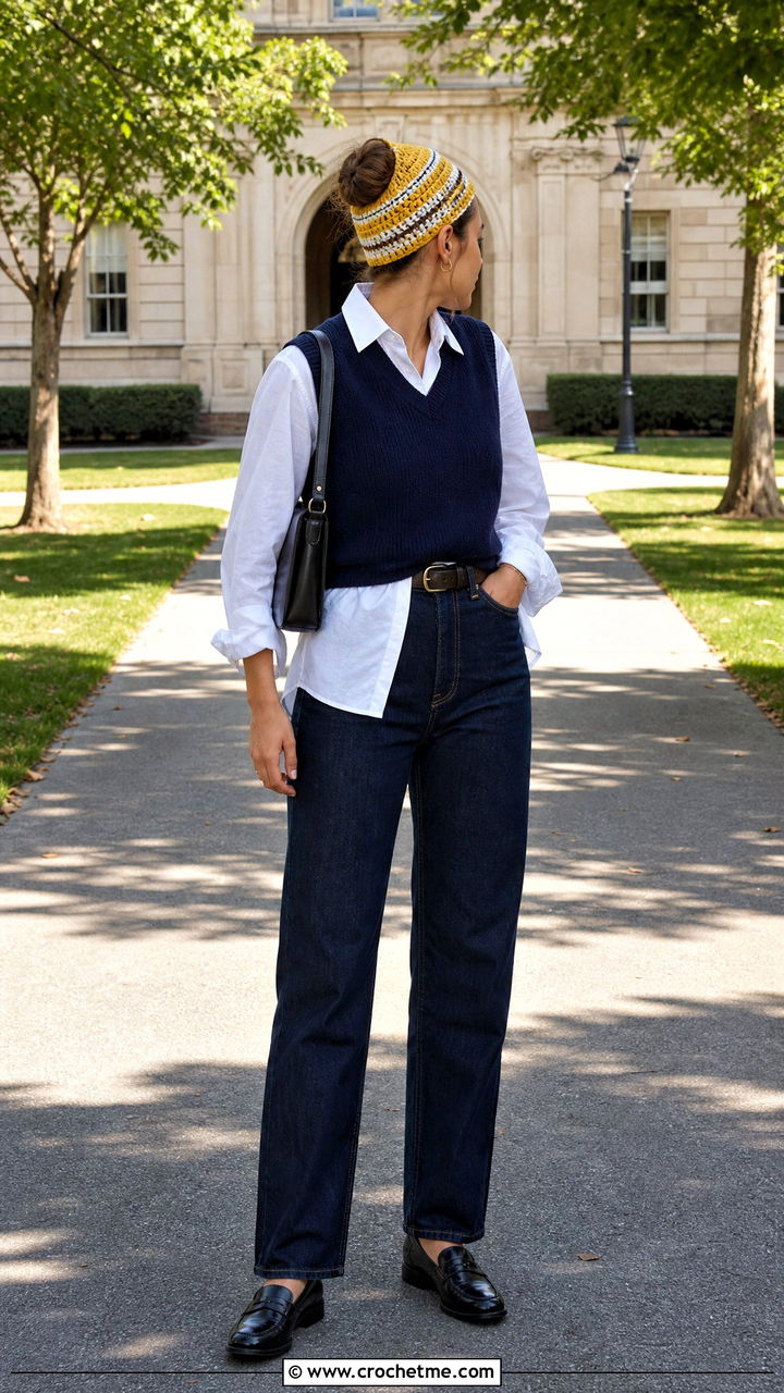Striped Crochet Bun Hat With White Shirt And Jeans - 35 crochet bun hat outfit ideas
