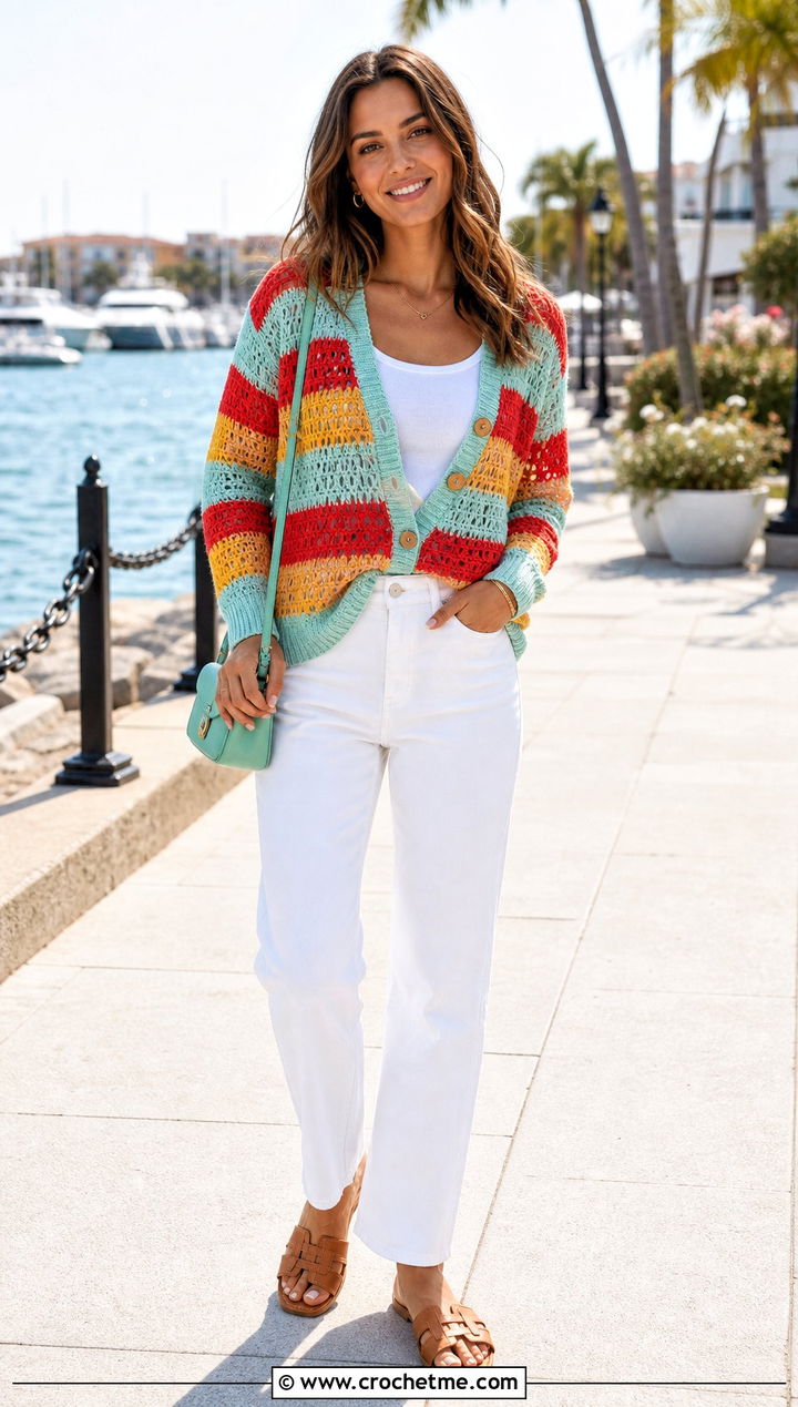 Striped Crochet Button Down Cardigan With White Jeans - 25 crochet button down cardigan outfit ideas