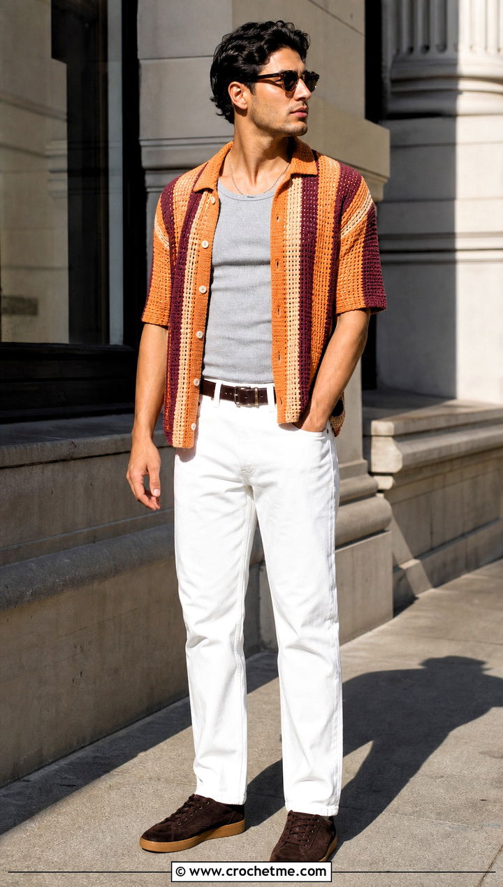 Striped Crochet Button Down With White Jeans - 15 Mens Crochet Collared Shirt outfit ideas