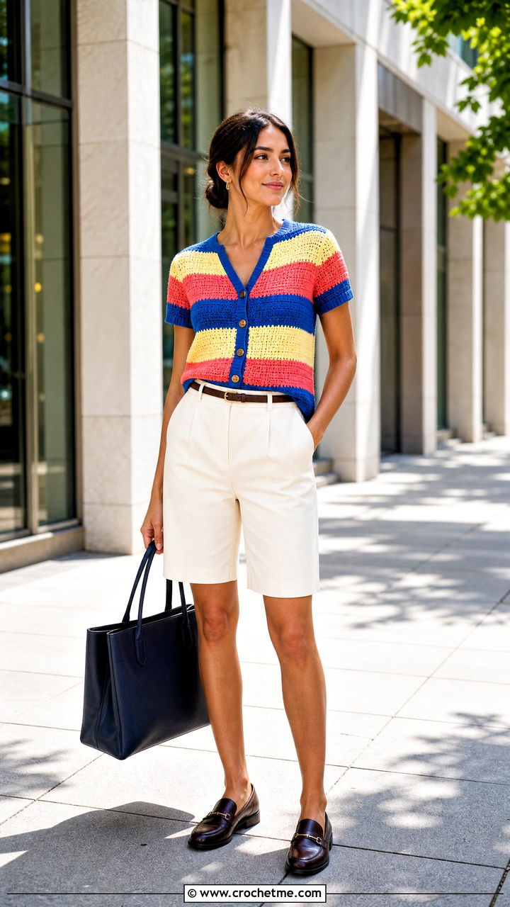 Striped Crochet Button Front Top With Bermuda Shorts - 35 striped crochet top outfit ideas