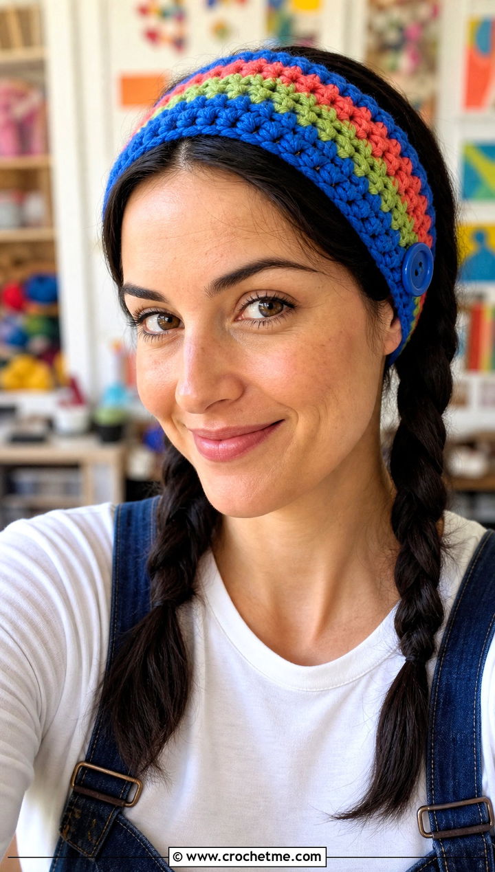Striped Crochet Button Headband With Denim Overalls - 15 Crochet Button Headband outfit ideas