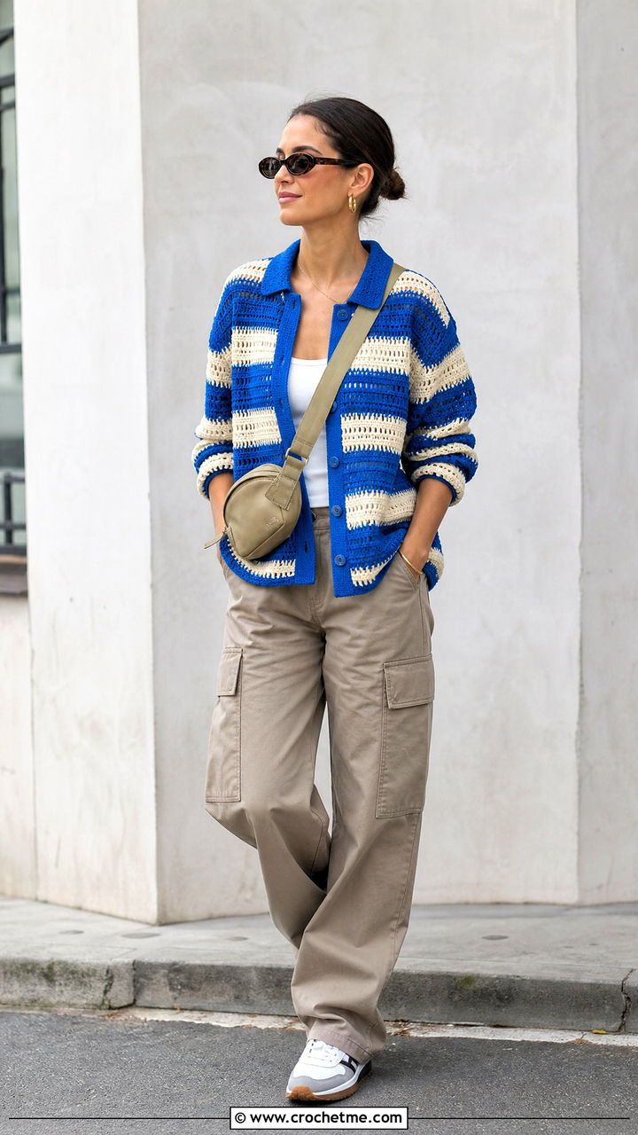 Striped Crochet Button Up Shirt With Cargo Pants - 35 crochet button up shirt outfit ideas