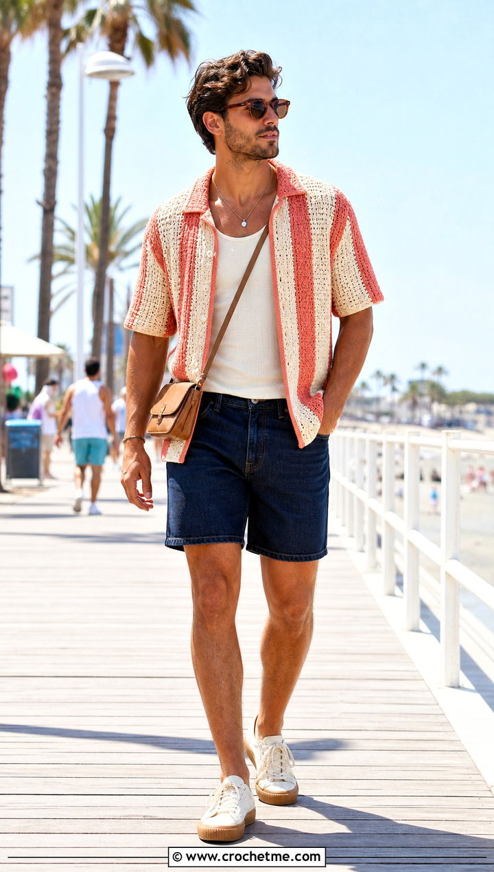 Striped Crochet Camp Shirt With Denim Shorts - 30 men crochet top outfit ideas