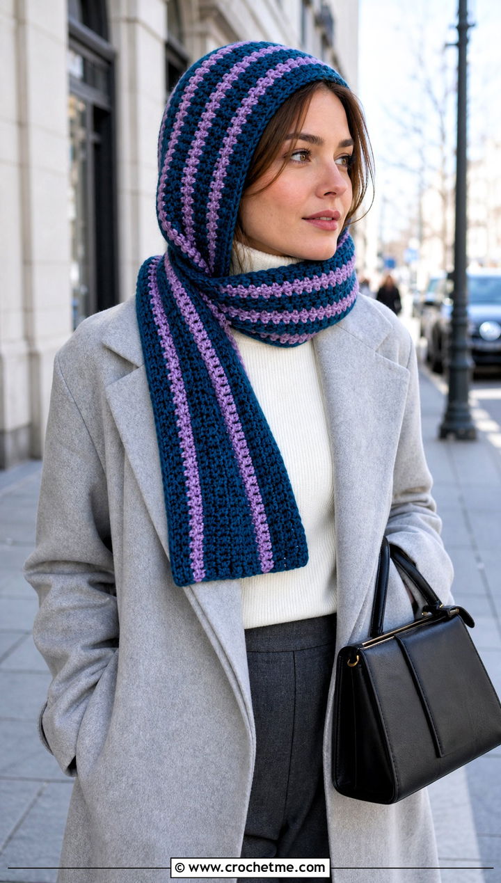 Striped Crochet Cap Scarf With Wool Coat - 25 Crochet Cap Scarf outfit ideas