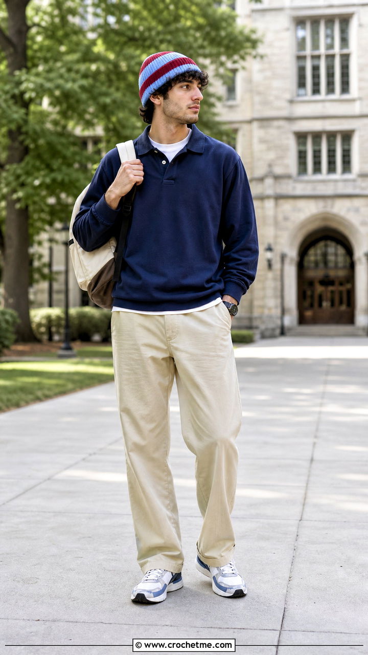 Striped Crochet Cap With Rugby Shirt - 35 crochet cap for men outfit ideas