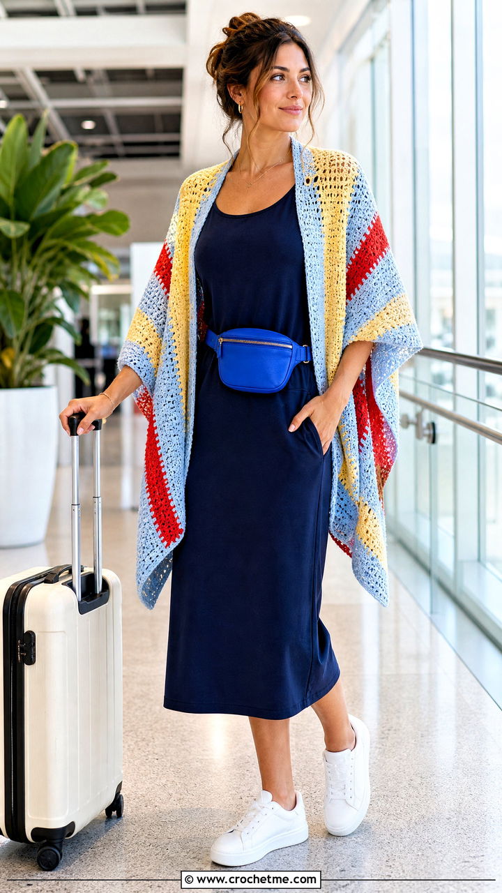 Striped Crochet Cape With A Tank Dress And Sneakers - 35 crochet cape outfit ideas