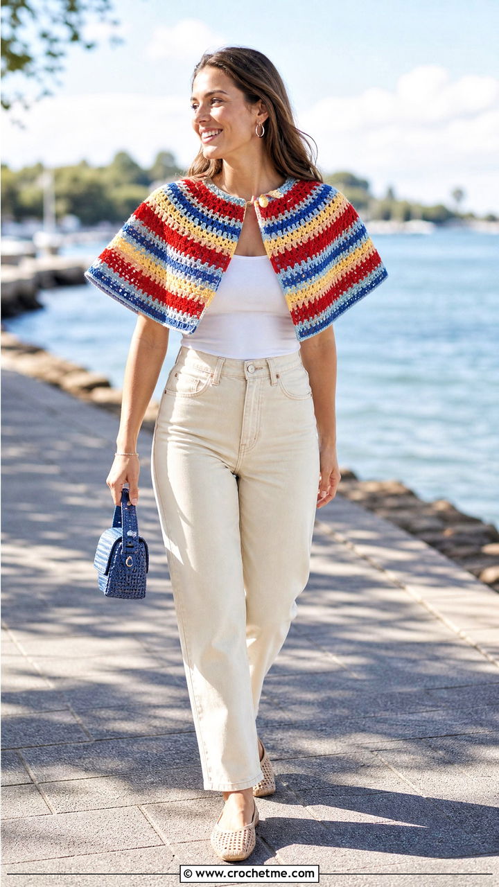 Striped Crochet Capelet With White Jeans - 35 crochet capelet outfit ideas