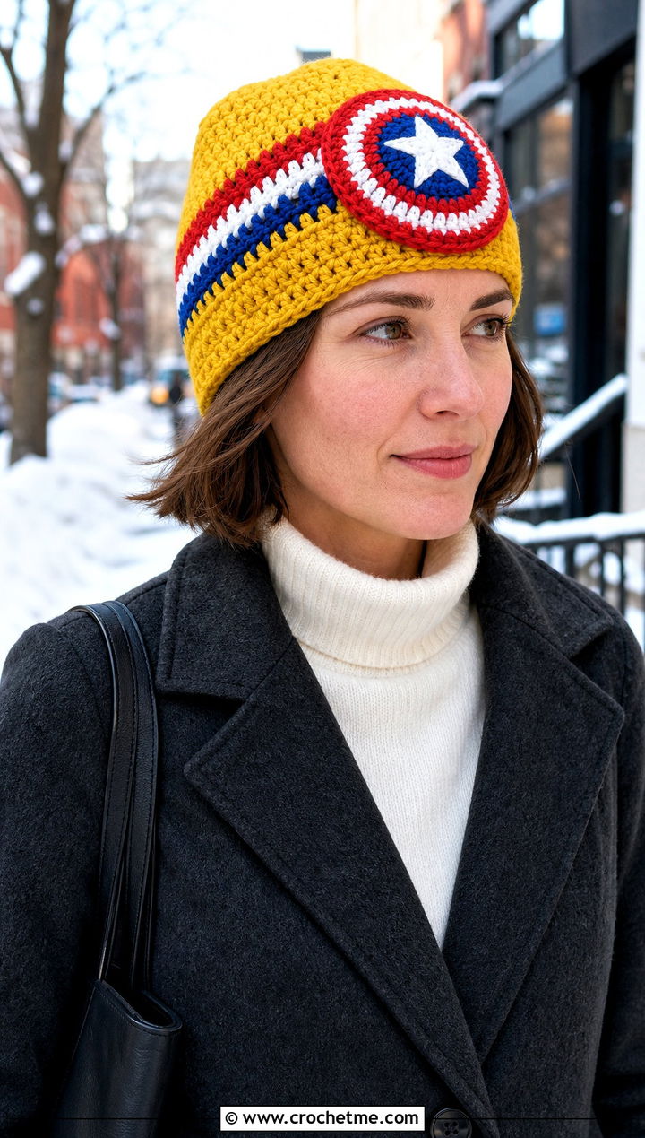 Striped Crochet Captain America Beanie With Wool Coat - 25 Crochet Captain America Hat outfit ideas