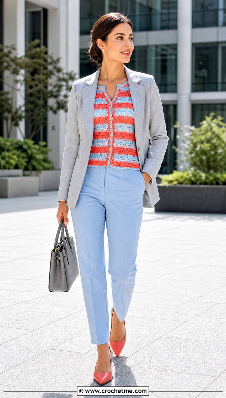 Striped Crochet Cardigan Top With Matching Trousers - 35 crochet striped top outfit ideas