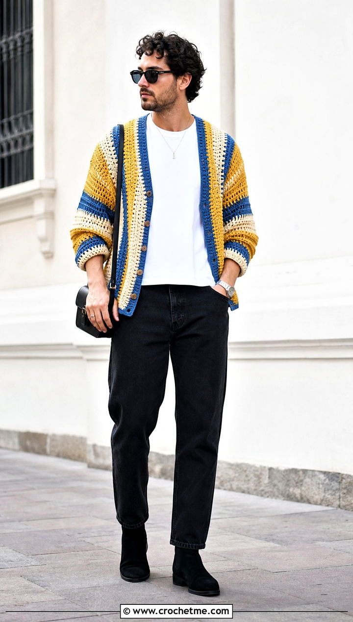 Striped Crochet Cardigan With Black Jeans - 30 crochet man cardigan outfit ideas