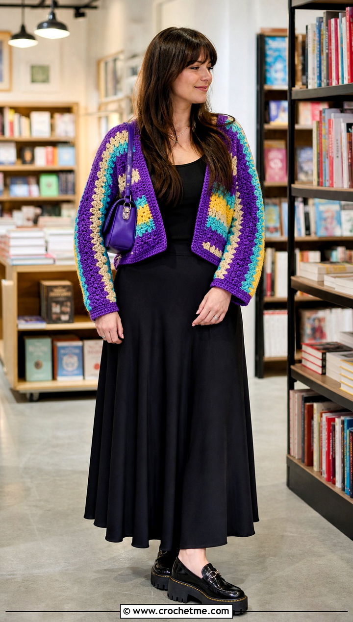 Striped Crochet Cardigan With Black Maxi Skirt - 25 kawaii crochet cardigan outfit ideas