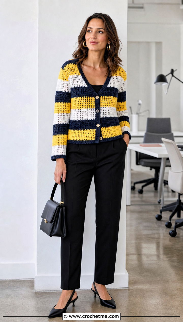 Striped Crochet Cardigan With Black Trousers - 30 short sleeve crochet cardigan outfit ideas