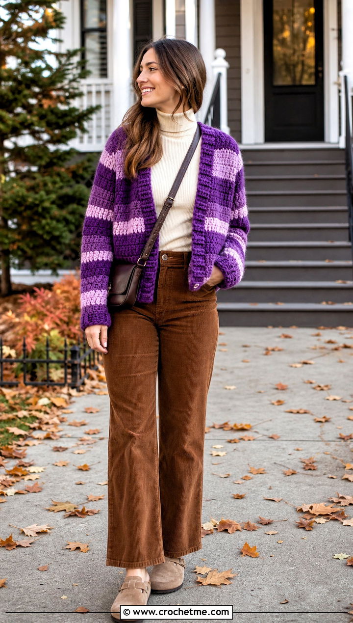 Striped Crochet Cardigan With Corduroy Pants - 25 thick crochet cardigan outfit ideas