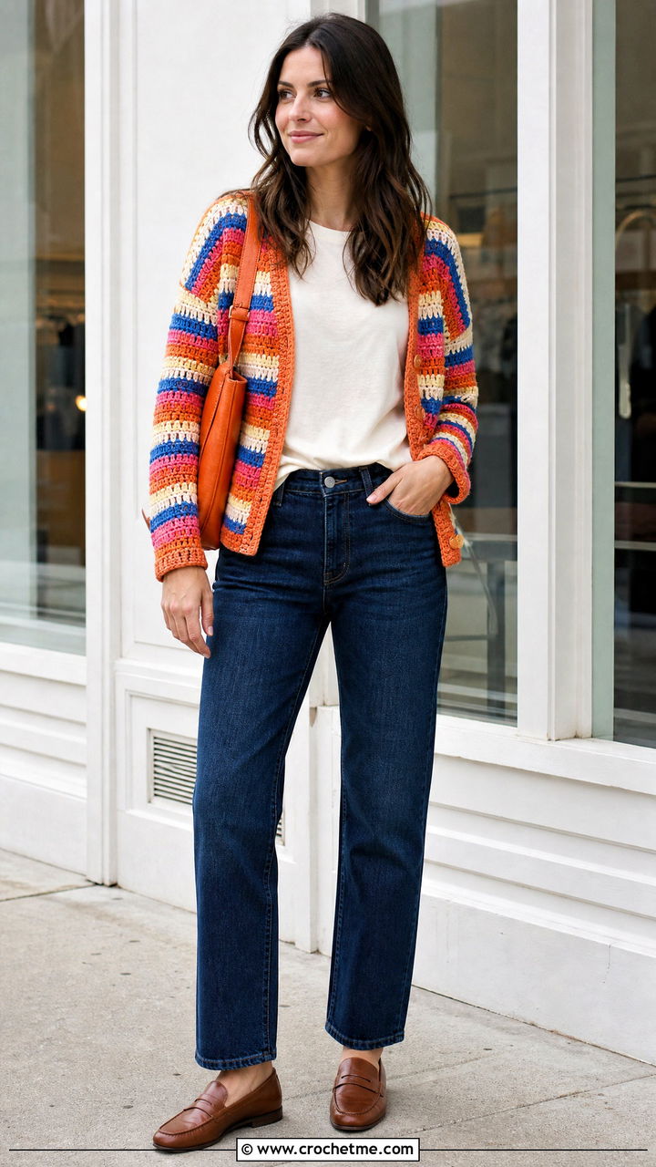 Striped Crochet Cardigan With Dark Wash Denim - 35 easy crochet cardigan outfit ideas