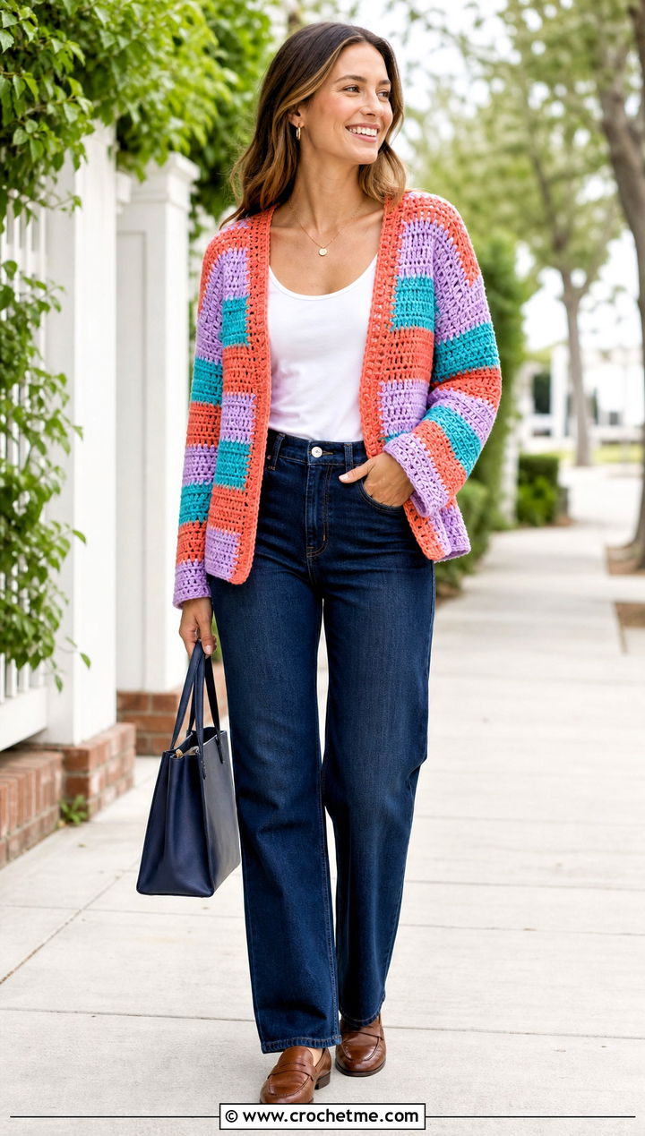 Striped Crochet Cardigan With Dark Wash Jeans - 15 classic crochet cardigan outfit ideas