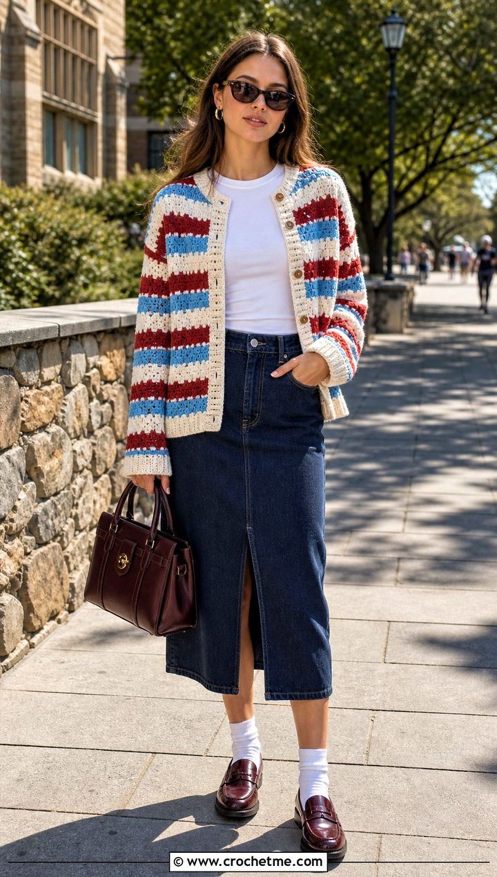 Striped Crochet Cardigan With Denim Midi Skirt - 30 crochet cardigan design outfit ideas