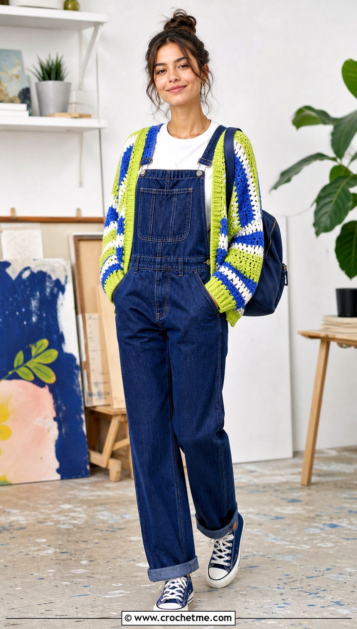 Striped Crochet Cardigan With Denim Overalls - 35 ladies crochet cardigan outfit ideas