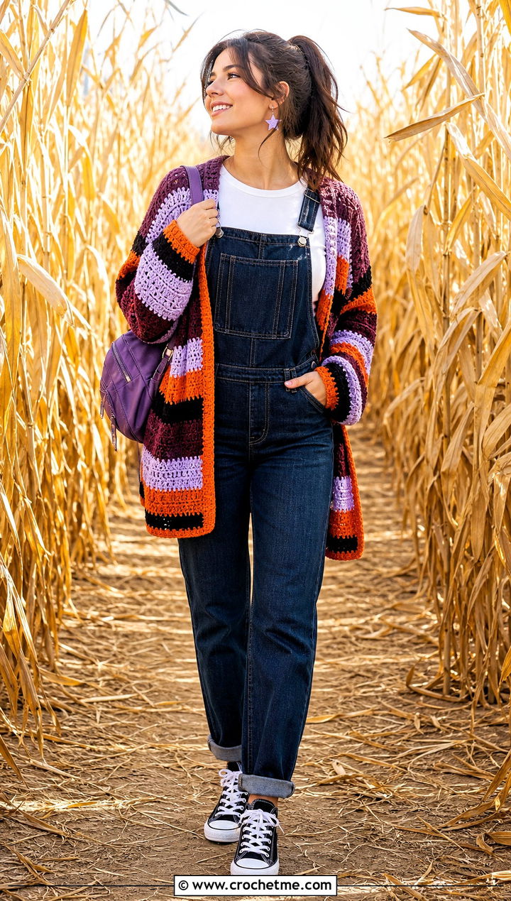 Striped Crochet Cardigan With Denim Overalls - 25 halloween crochet cardigan outfit ideas