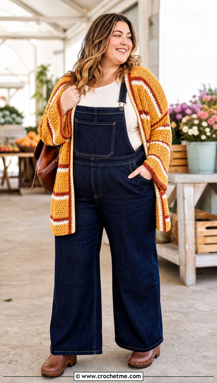 Striped Crochet Cardigan With Denim Overalls - 30 crochet plus size cardigan outfit ideas
