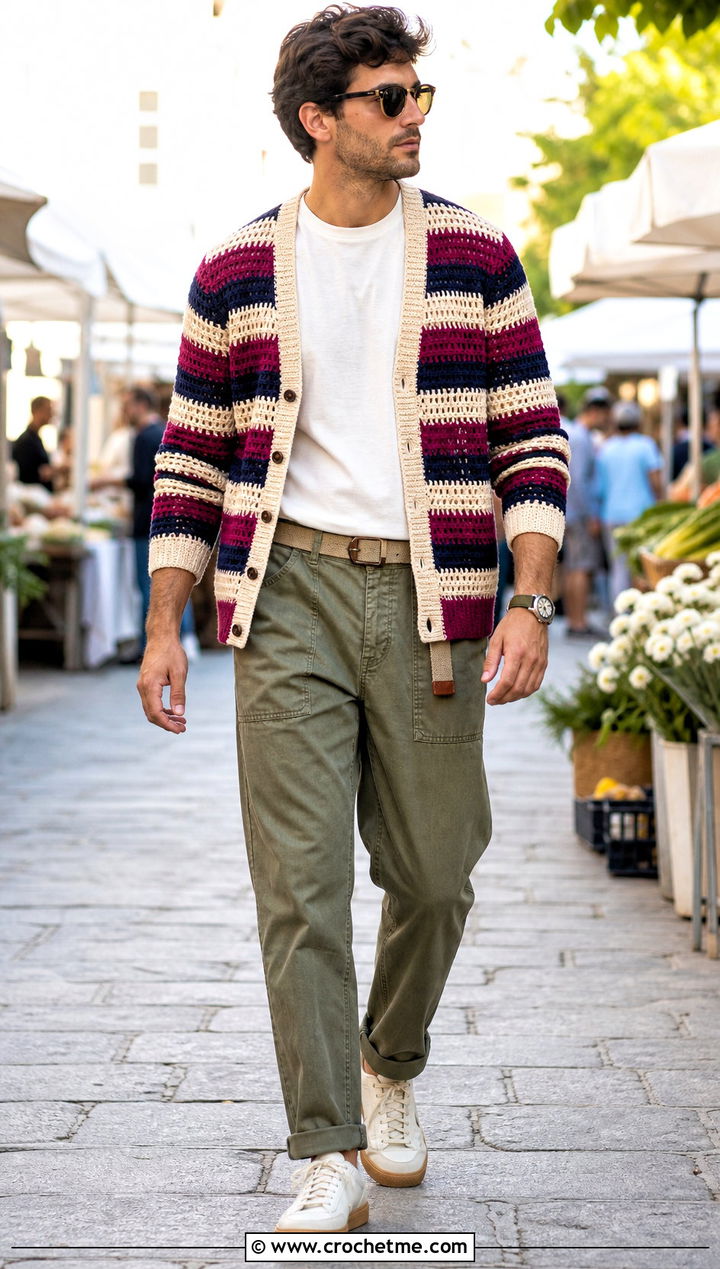 Striped Crochet Cardigan With Fatigue Pants - 35 mens crochet cardigan outfit ideas