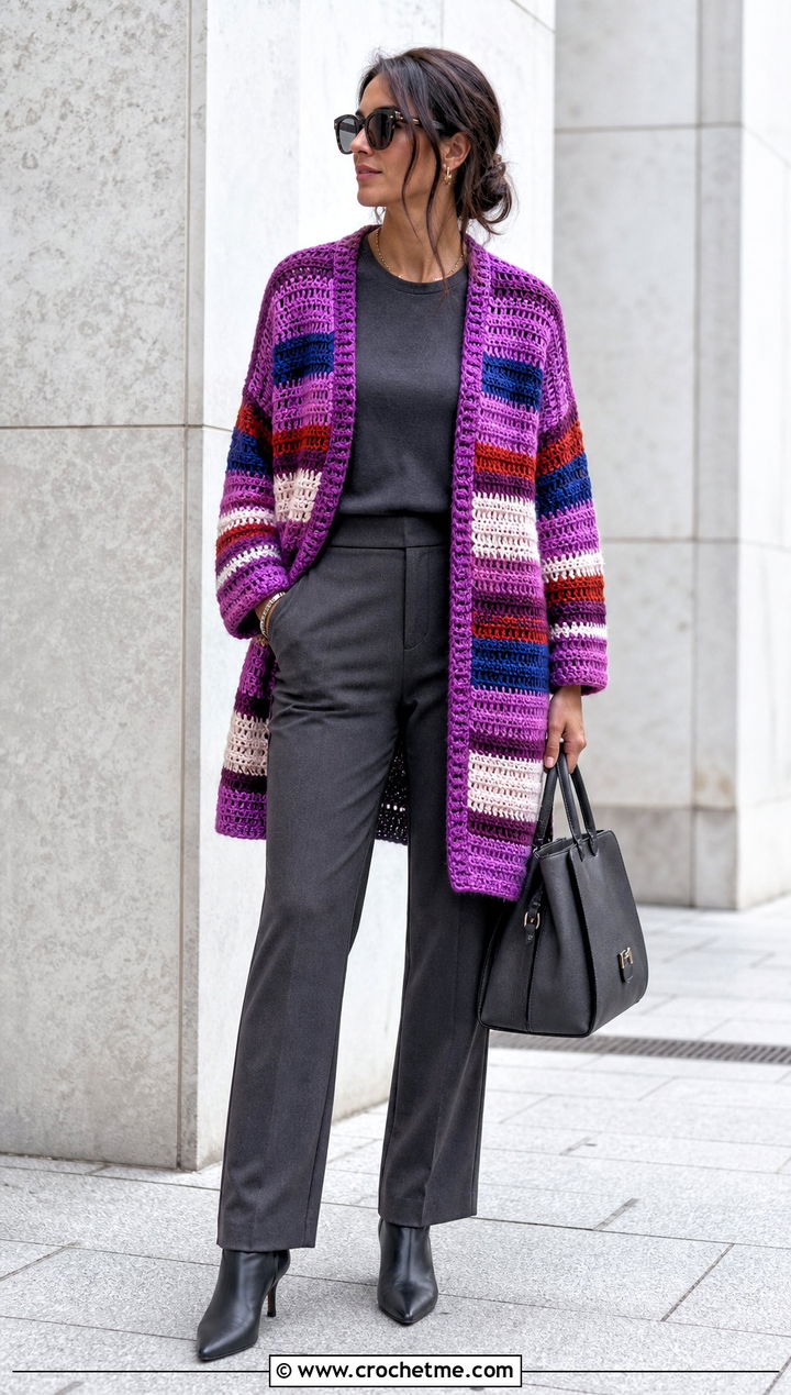 Striped Crochet Cardigan With Monochrome Basics - 25 Autumn Crochet Cardigan outfit ideas