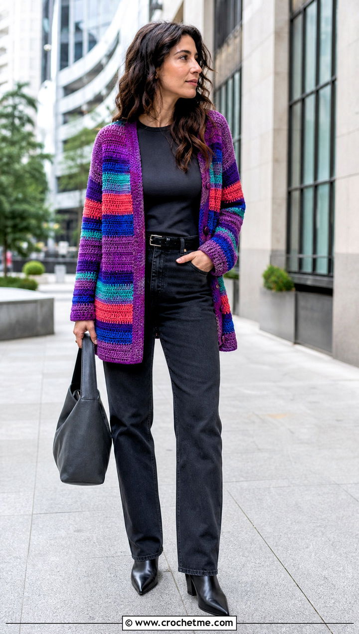 Striped Crochet Cardigan With Monochrome Basics - 35 fall crochet cardigan outfit ideas